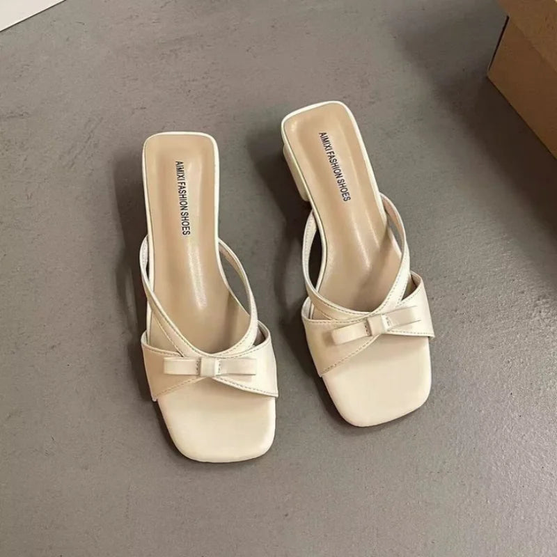 2026 Summer New Elegant Square Toe Bow Low Heel Slide Sandals Women's Versatile Fairy Style Fashion Slippers
