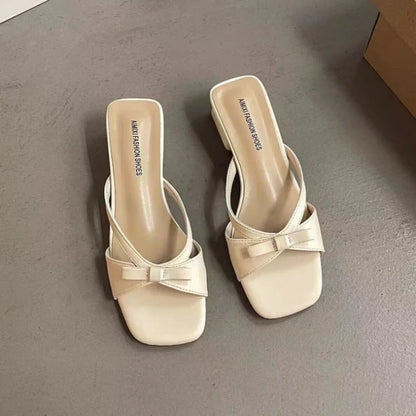 2026 Summer New Elegant Square Toe Bow Low Heel Slide Sandals Women's Versatile Fairy Style Fashion Slippers