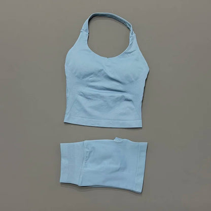 Women Seamless Gym Set 2Pcs Halter Neck Sports Crop Top High Waist Scrunch Butt Shorts Workout Fitness Yoga Tracksuit Sportswear