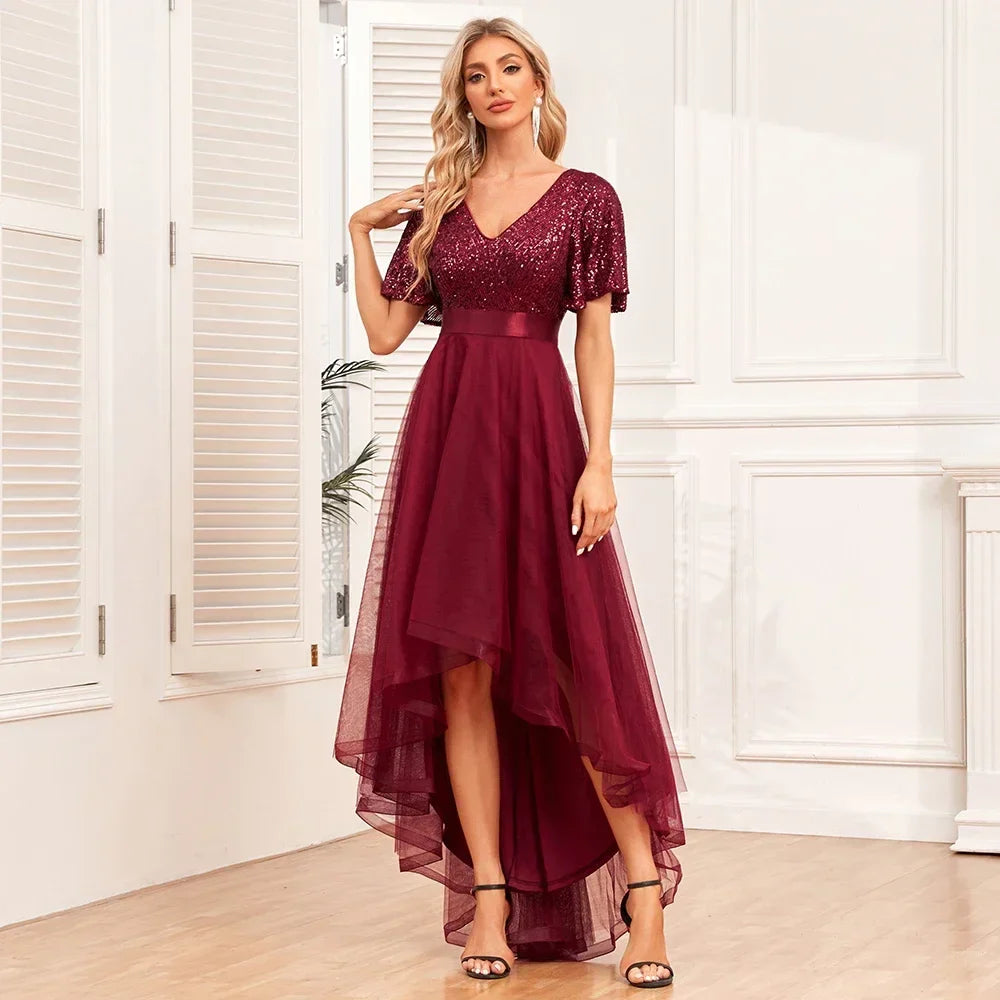 Vestido de Gala Elegante Feminino com Decote em V, Babados, Manga Curta, Evasê, Gaze Fofa e Bainha Irregular