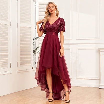 Vestido de Gala Elegante Feminino com Decote em V, Babados, Manga Curta, Evasê, Gaze Fofa e Bainha Irregular
