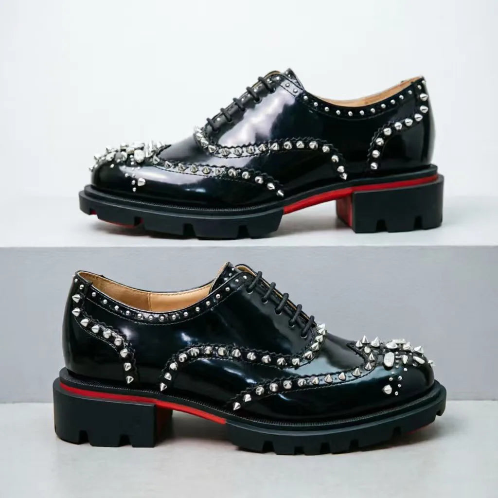 Men's Patent Leather Platform Oxfords Shiny Crystal Rivet Brogue Dress Shoes Luxury Lace-up Formal Business Wedding Party Male F