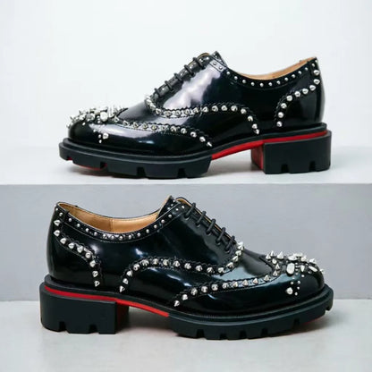 Men's Patent Leather Platform Oxfords Shiny Crystal Rivet Brogue Dress Shoes Luxury Lace-up Formal Business Wedding Party Male F