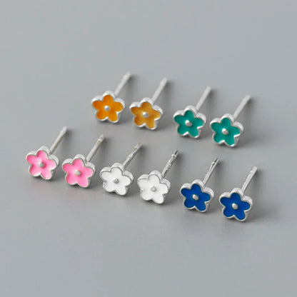 925 Sterling Silver Romantic White Enamel Flower Screw Bead Stud Earrings for Women Fashion Simple Piercing Jewelry Gift