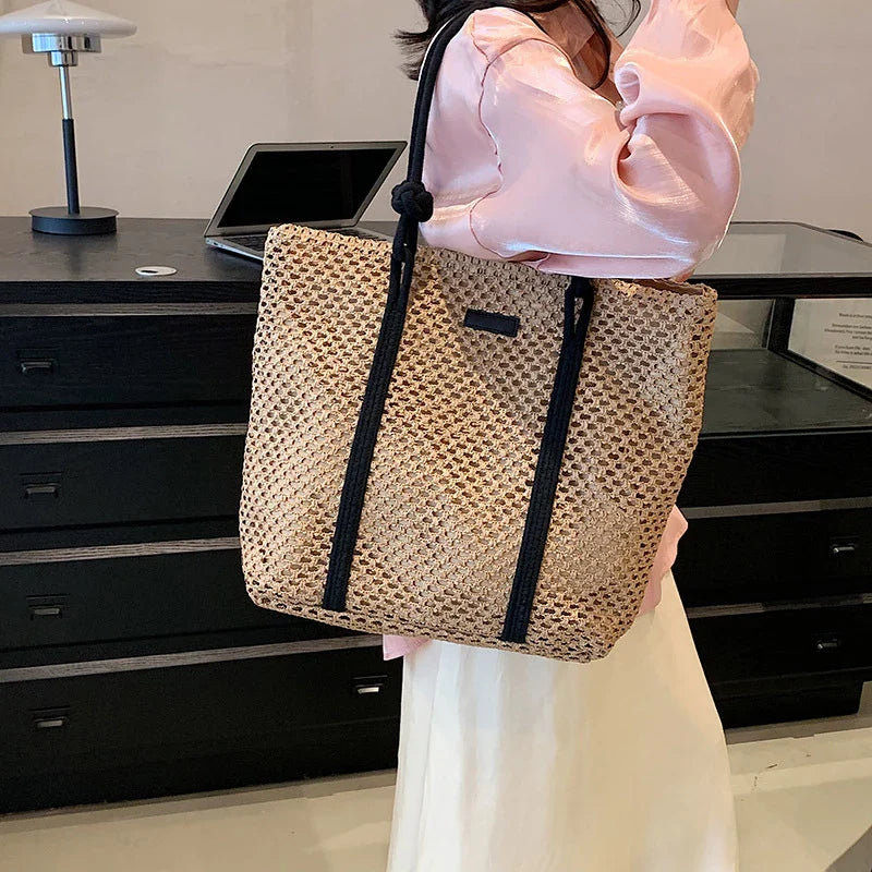 Bolsa Sacola de Palha Tecida de Verão Bolsa de Ombro Feminina Casual de Praia para Férias Bolsas Femininas de Grande Capacidade Cor Sólida
