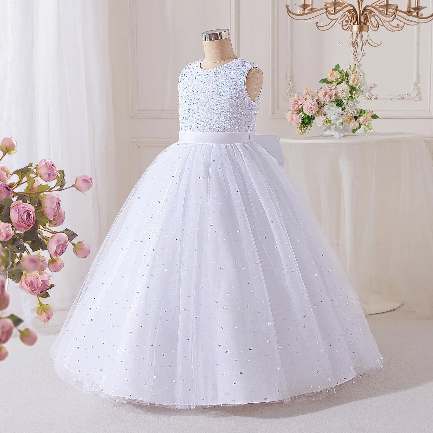 Vestidos de Festa de Daminha de Verão com Lantejoulas para Meninas Elegante Laço Vestido de Aniversário de Casamento para Meninas Baile de Formatura Gala Concurso Noite Roupa Infantil