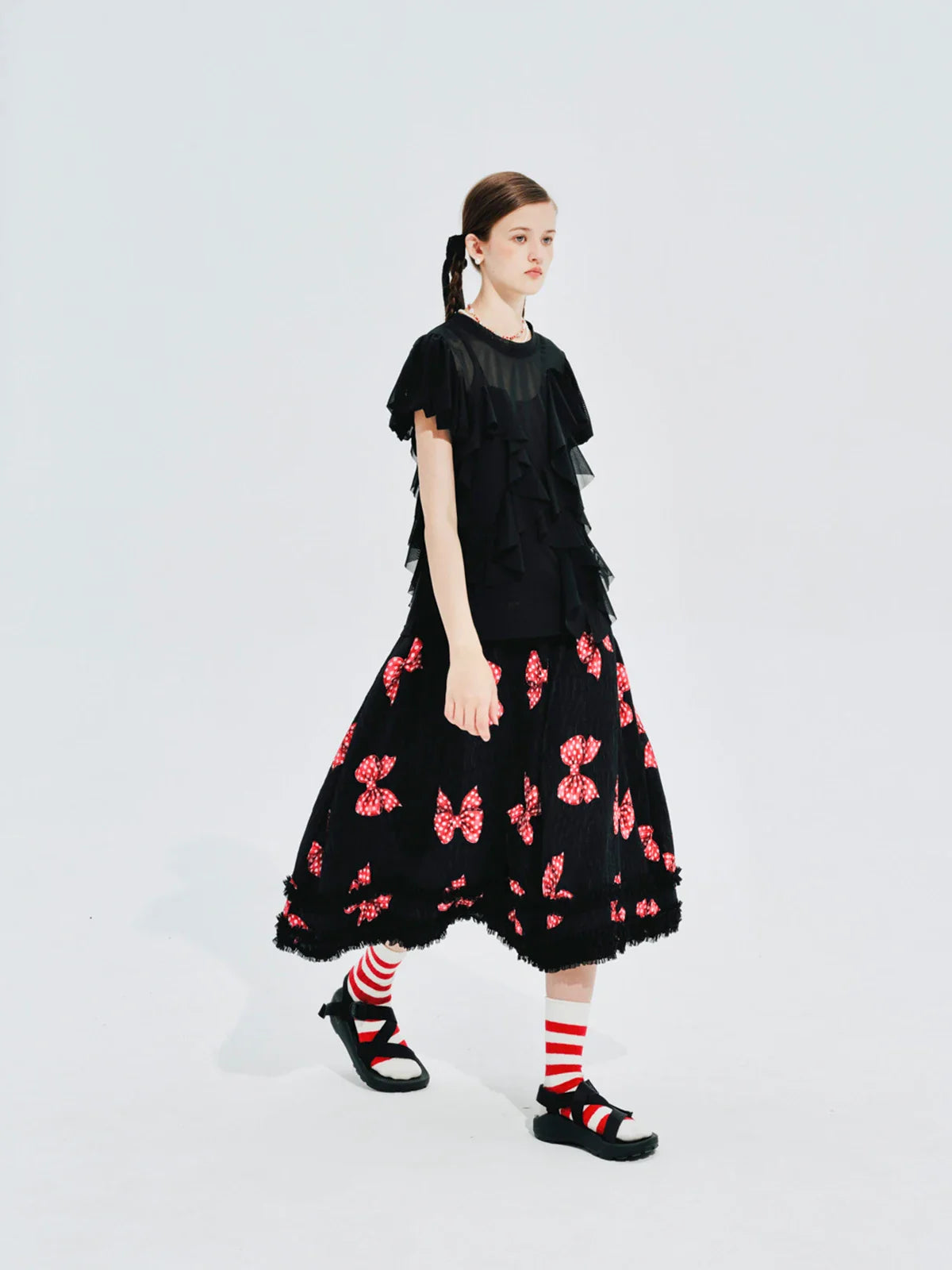 Original design bow pleated lace stitching elastic waist skirt for women 244659