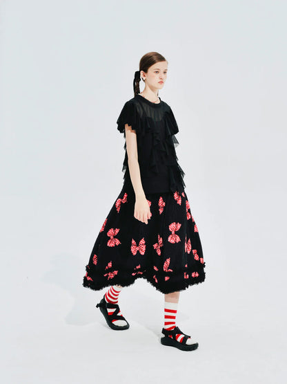 Original design bow pleated lace stitching elastic waist skirt for women 244659