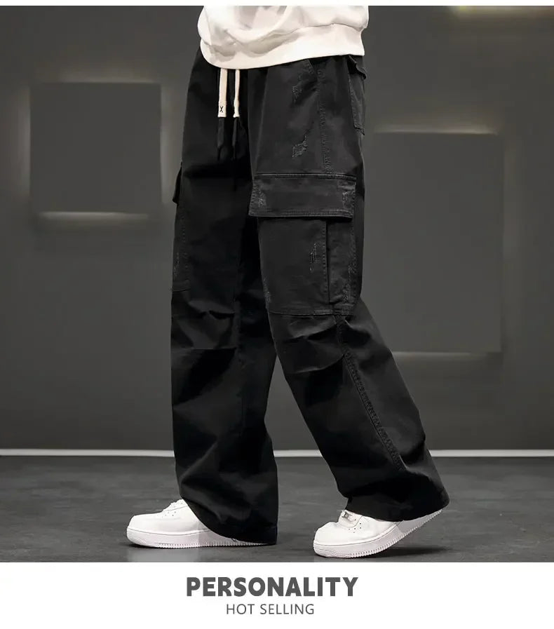 Autumn New Wide Leg Pocket Cargo Pants Men Trousers Neutral Loose Casual Cotton Straight Outdoor Fashion Pants Big Size 8xl
