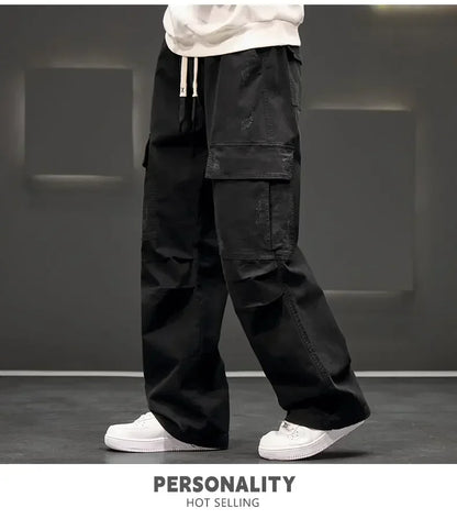 Autumn New Wide Leg Pocket Cargo Pants Men Trousers Neutral Loose Casual Cotton Straight Outdoor Fashion Pants Big Size 8xl