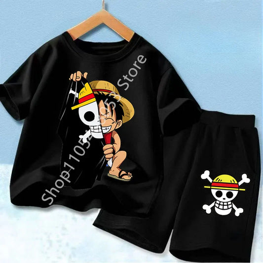 Summer Short Sleeve Clothes Set Anime Boy Girl T Shirt Shorts 2pcs One Piece Kids Outfit Chopper Luffy Tracksuit Suit Children