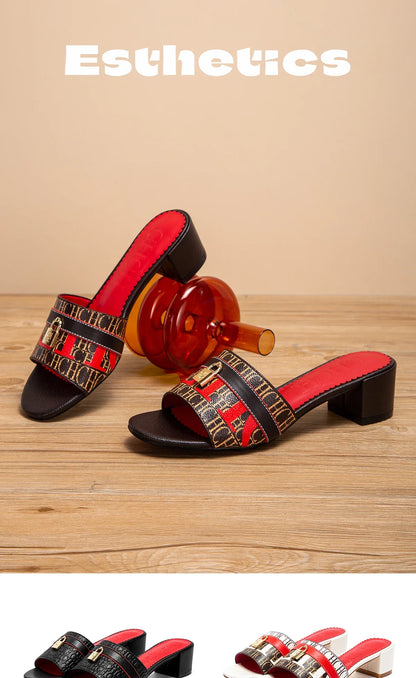 Woman Middle Heel Slippers Luxury Brand Women's Shoes Retro Design 2025 Summer New