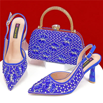 Nigerian Heel Party for Women Pink Color Shoes and Bag Set Rhinestone Handbag Italian Design Wedding INS 2025