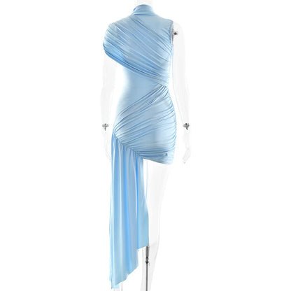 Summer Draped Ruched Sexy Mini Dress Women 2025 New Irregular High Waist Slim Fit Dress Female Elegant Club Tank Dress