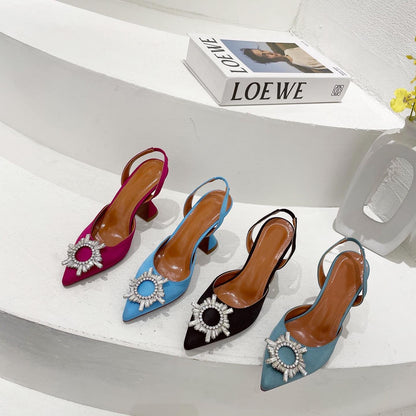 Aneikeh Marca Feminina Salto Alto de Seda Luxuoso Salto Alto com Laço de Borboleta de Cristal Sapatos Pontudos de Verão Salto Triângulo Sapatos de Noiva