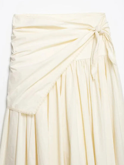 Women MIDI Skirts 2026 Fashion Solid Wrap Drawstring Bow High Waist Pleated Female Elegant Street Skirt Clothes