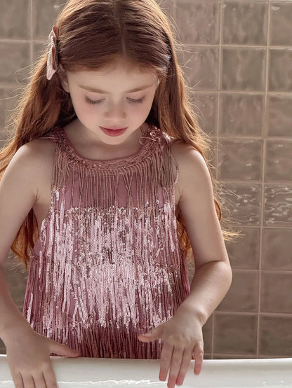 Vestido Infantil Meninas 2025 Verão Novo Moda Infantil Vestido de Borla Brilhante de Luxo Vestido de Aniversário para Meninas