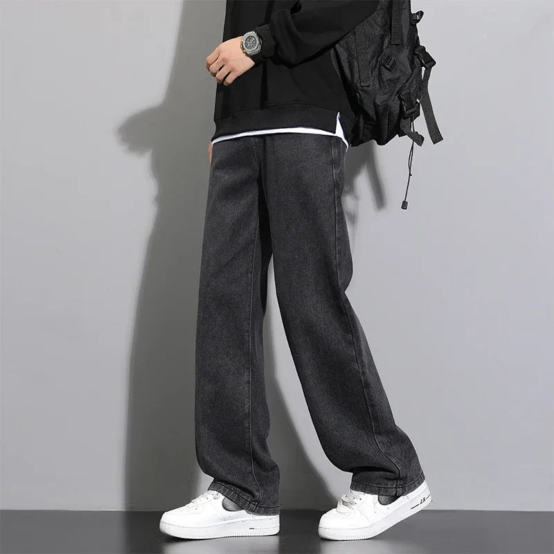 2026 New Korean Men's Casual Long Jeans Classic Man Straight Denim Wide-leg Pants Solid Color Light Blue Black 3XL Cargo Jean