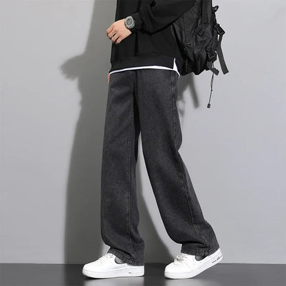 2026 New Korean Men's Casual Long Jeans Classic Man Straight Denim Wide-leg Pants Solid Color Light Blue Black 3XL Cargo Jean