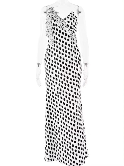 Backless  Print Dots Flower Women Maxi Dress Spaghetti Strap Evening Dress Autumn Skinny Elegant Party Clubwear