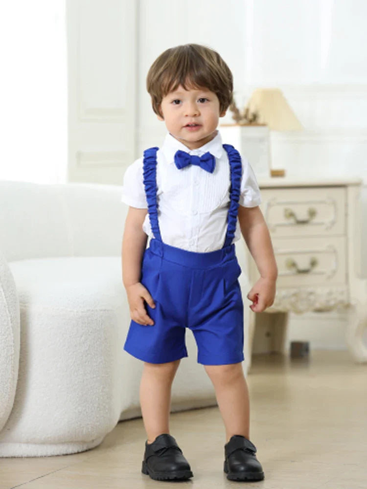 Summer Children's Clothing Short Sleeve Lapel Wrinkle Shirt with Solid Overalls Boy Gentleman Wedding Costume Cotton Kid Suit