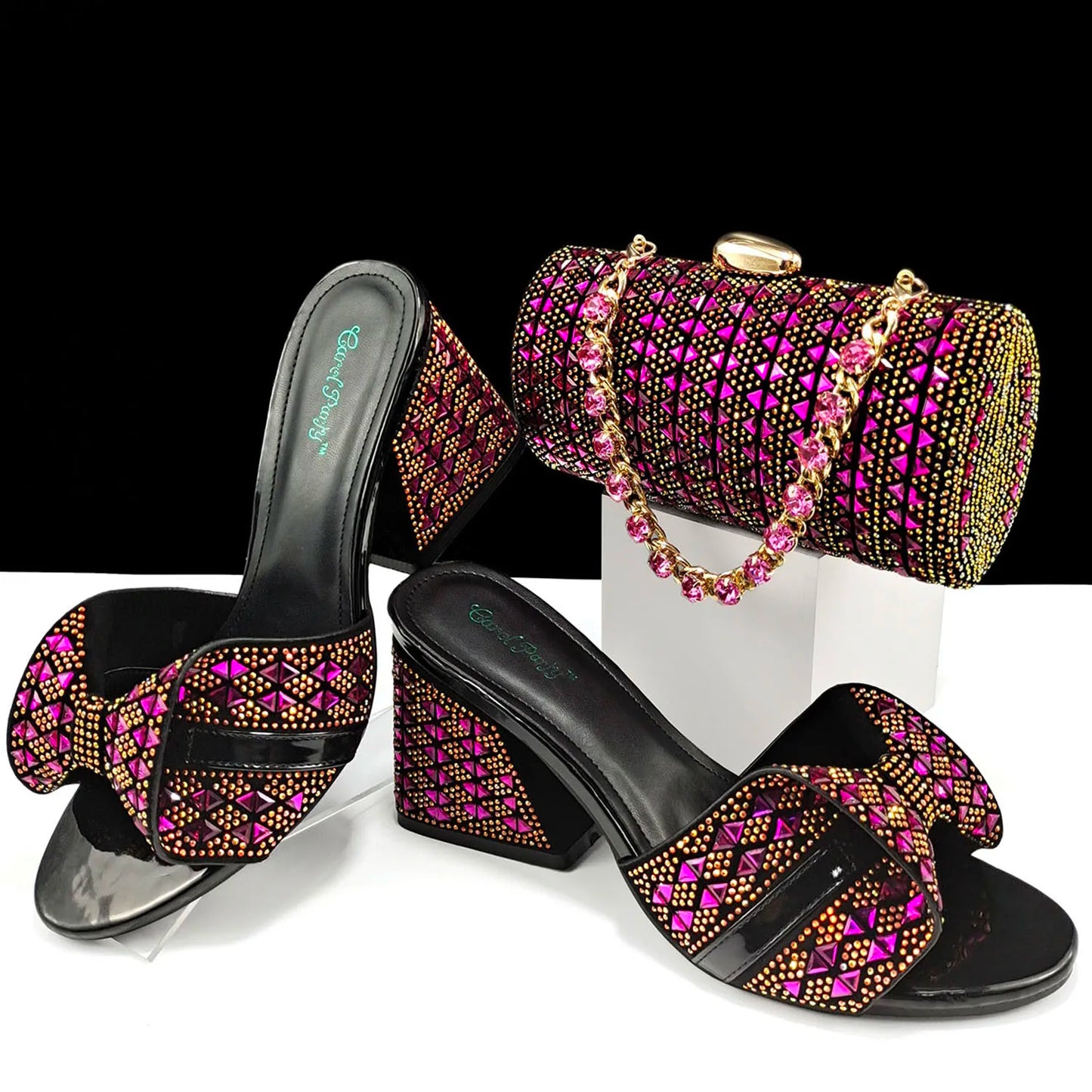 Italian Fashion Banquet Shoes and Bags African Women's Hand Bags with Rhinestone Decoration and Women's High Heels
