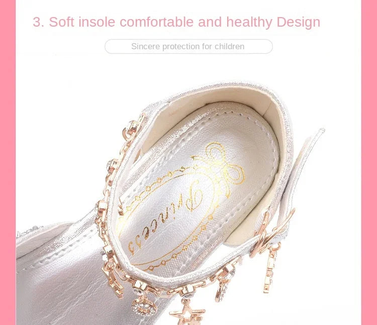 Fashion Kid Leather Shoe 2023 Summer Sequin Princess Shoe Crystal High Heel Sandals Kid Shoes Girl Dresses Mary Jane Girl Shoes