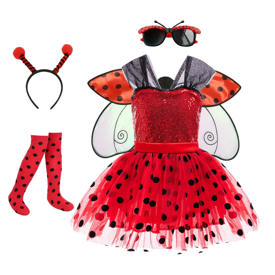 Girl Polka Dot Princess Dress Ladybug Dress Up Fur Ball Headband Black and Red Dress Halloween Cosplay costume Carnival Clothes