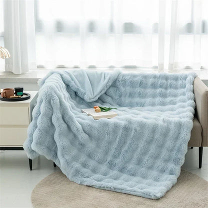 Cozy Rabbit Hair Bubble Velvet Blanket for Napping Soft Fuzzy Plush Bed Cover Sofa Throw Blanket All Season Warmth