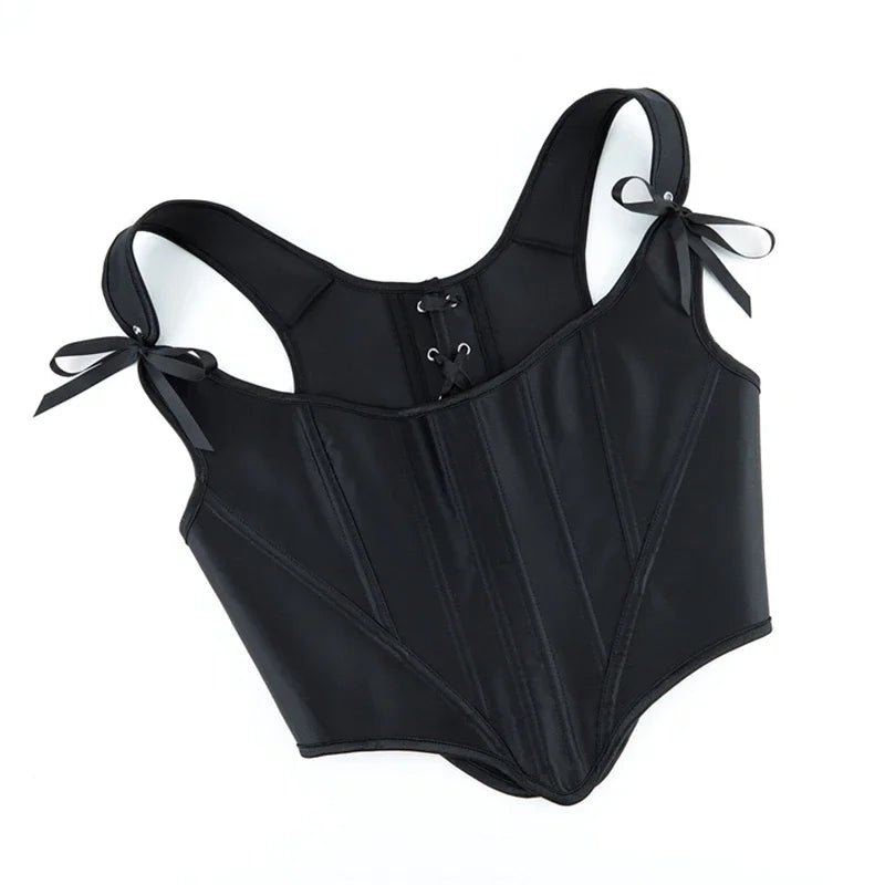 Fashion Satin Black Corset Top Women Overbust Gothic Retro Victorian Shaper Bustier Sexy Lace-up Slim Fishbone Short Corsets