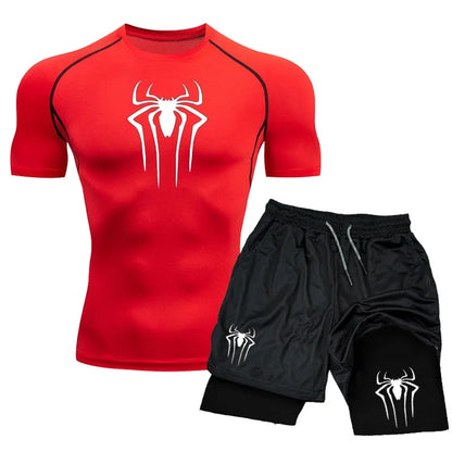 New Compression Set Spider Print Sportwear for Men Quick Dry GYM Shorts+Shirt 2PCS Quick Dry Short Sleeve Trainning Sport Suit