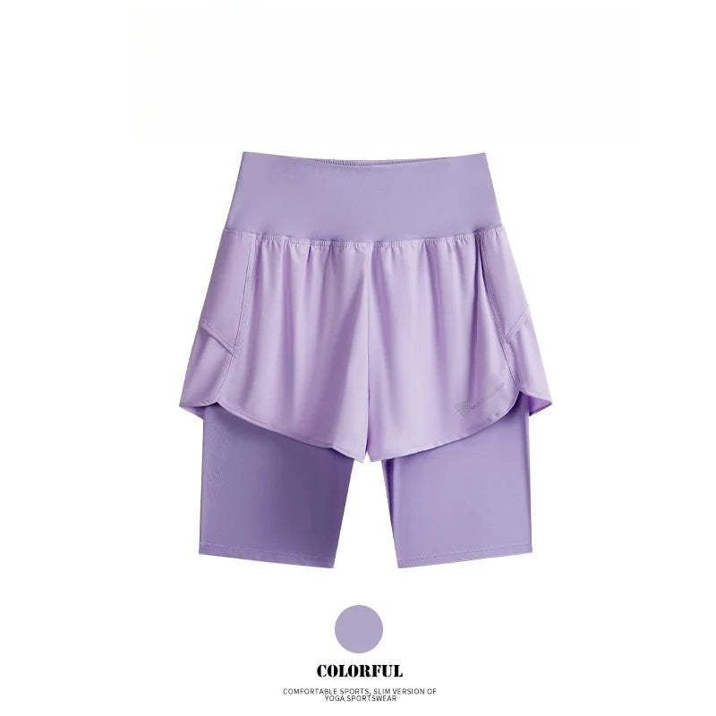 Yoga Shorts Women Summer Fake Two Piece High Waist Loose Gym Shorts With Pocket Ladies Lightweight Fitness Running Clothes