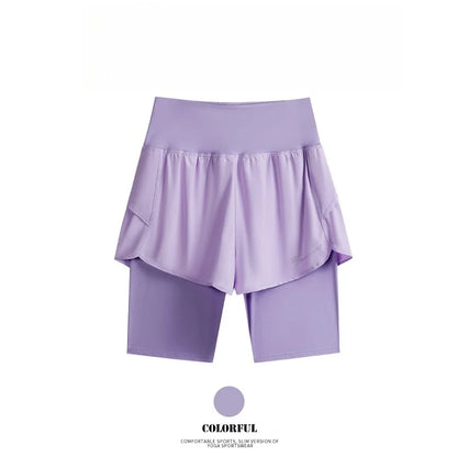 Yoga Shorts Women Summer Fake Two Piece High Waist Loose Gym Shorts With Pocket Ladies Lightweight Fitness Running Clothes