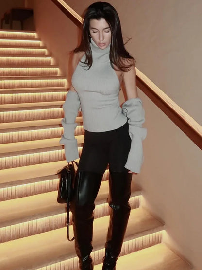 Trendix Hollow Out Sweater Sets For Women 2025 Fall New Long Sleeve Knitwear Shawl Suits Sexy Backless Knit Tank Top 2 Piece Set