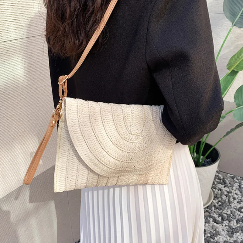Straw Woven Shoulder Crossbody Bag Beach Clutch Handbag Casual Summer Handmade Envelope Bags for Women Totes Purse
