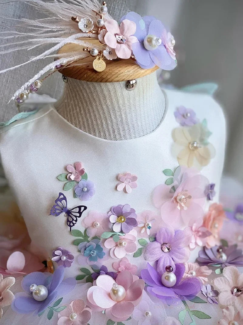 Vestido de princesa infantil borboleta com asas de malha fofa para meninas de 2 a 6 anos, vestido elegante para festa de aniversário com flores