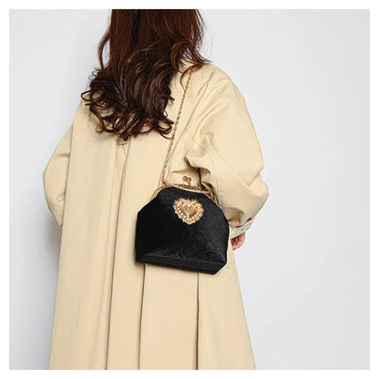 Velvet Frame Heart Dinner Hand Bags Diamonds Chains High Quality Shoulder and Crossbody Bags for Women 2024 Fashion Hot Sale