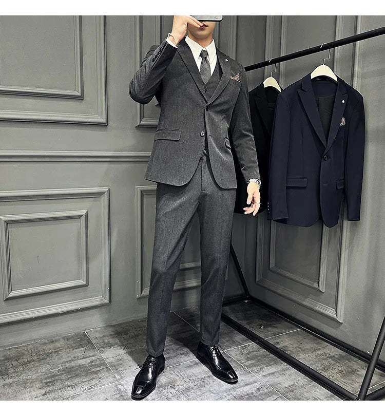 Slim Fit Men's Three Piece Suit Thin Single Button Notch Lapel Casual Fashion Cotton Blend Spring Autumn Wear for Youth