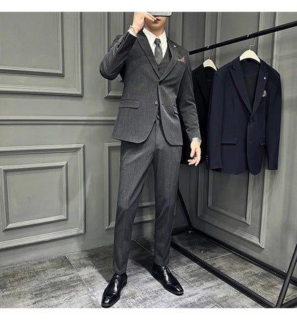 Slim Fit Men's Three Piece Suit Thin Single Button Notch Lapel Casual Fashion Cotton Blend Spring Autumn Wear for Youth
