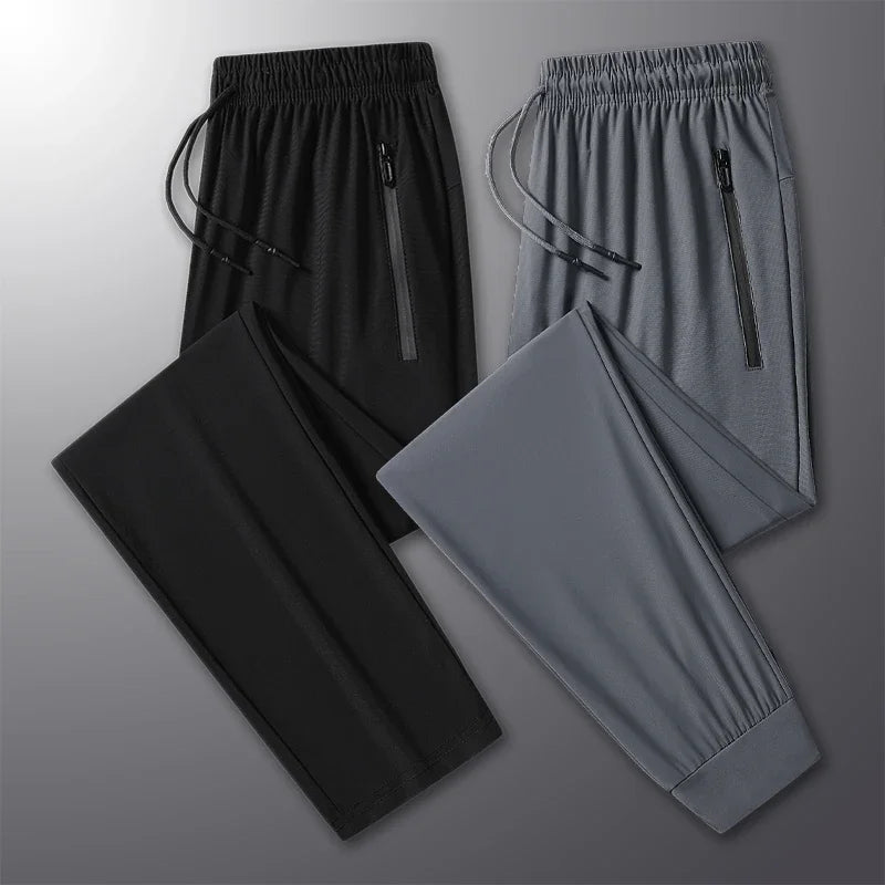 New High-quality Ice Silk Men Casual Straight Leg Pants Two-piece Set For Summer Lightweight Breathable Outdoor Sports Leggings