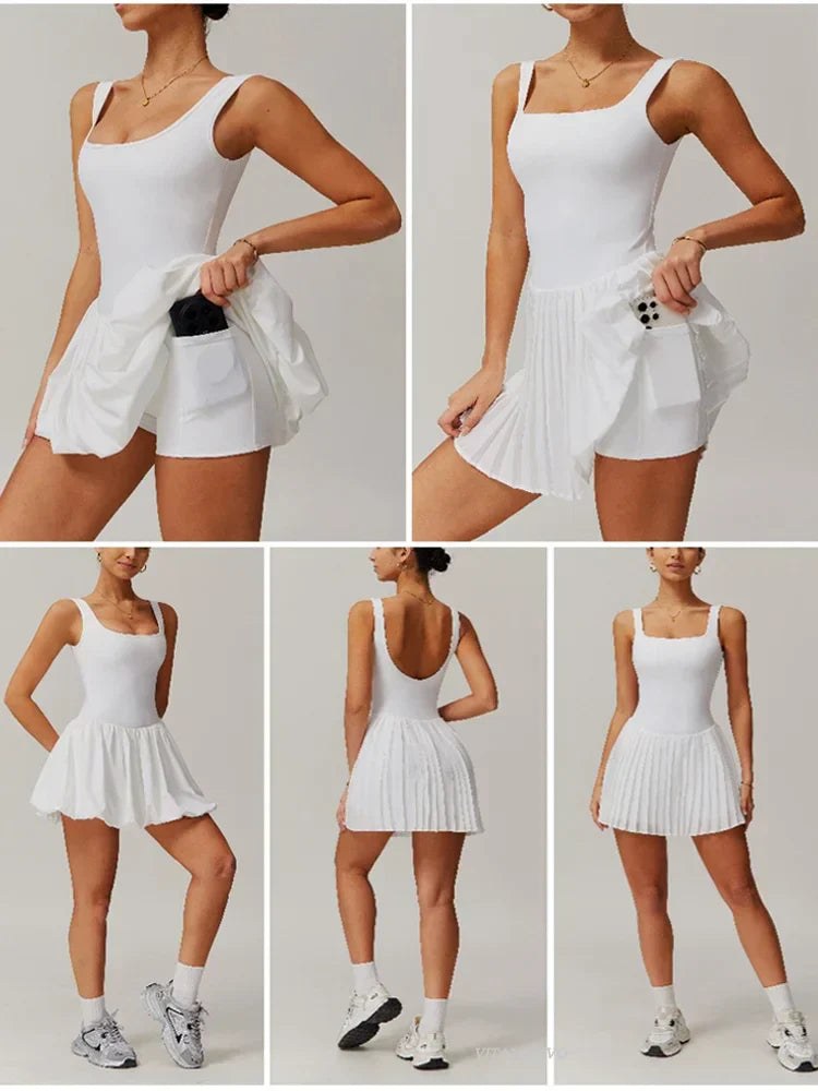 Workout Tennis Dress with Built in Shorts Square Neck Padded Workout Dress with Pockets Golf Athletic Mini Dresses
