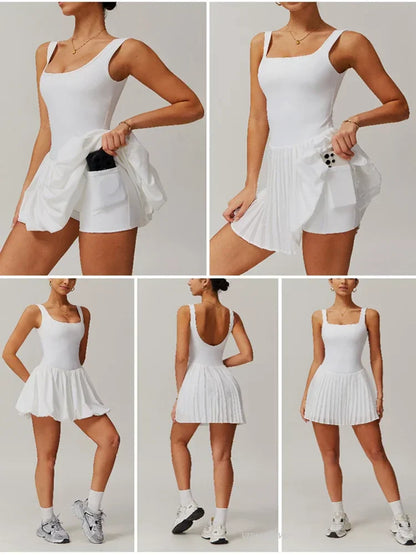 Workout Tennis Dress with Built in Shorts Square Neck Padded Workout Dress with Pockets Golf Athletic Mini Dresses