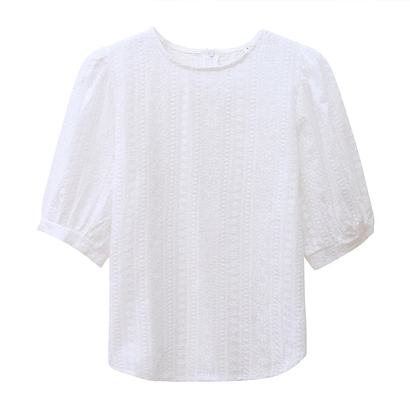 Korean Embroidery Floral Blouse Women Summer New Sweet Loose Lace Shirt Women's 2025 Short Sleeve O Neck Casual White Tops 15217