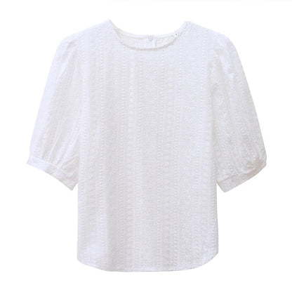 Korean Embroidery Floral Blouse Women Summer New Sweet Loose Lace Shirt Women's 2025 Short Sleeve O Neck Casual White Tops 15217