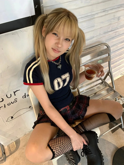 Japanese Y2k T Shirt Vintage Harajuku Short Sleeve Patchwork Tops American Retro Jersey T-shirt 2000s Grunge Aesthetics