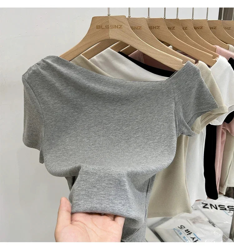 Womens Long Sleeve Off Shoulder T Shirts 2026 Tight Knit Sexy Slim Fitted Casual Women's Basic Tops Cropped T-Shirt