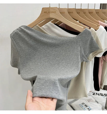 Womens Long Sleeve Off Shoulder T Shirts 2026 Tight Knit Sexy Slim Fitted Casual Women's Basic Tops Cropped T-Shirt