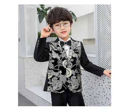 Children Formal Dress Kids Flower Jacket Pants Bowtie 3PCS  Piano Costume Boys Bronzing Show Host Handsome Photography Suit