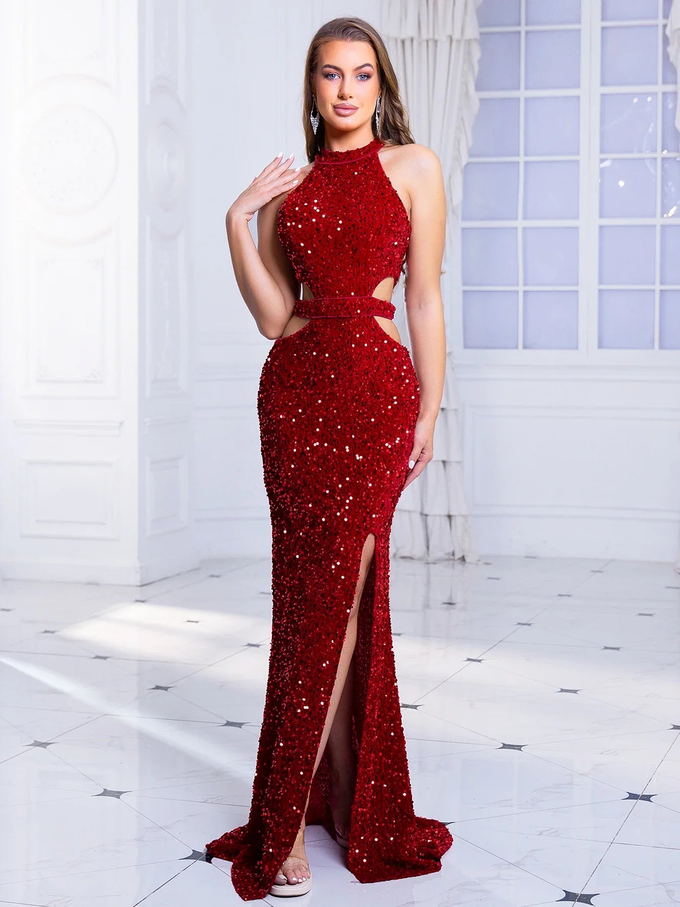 O Neck Evening Prom Gown Sexy Slit Sequin Hollow Out Long Prom Dress