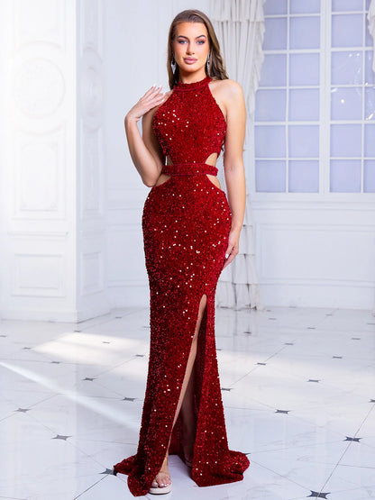 O Neck Off Shoulder Sleeveless Evening Party Gown Sexy Dress Sequin Hollow Out Waist Homecoming Prom Dresses Summer